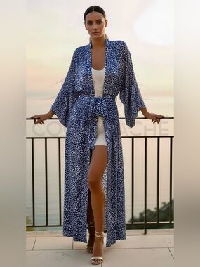 Blue Leopard Print Kimono Robe Duster